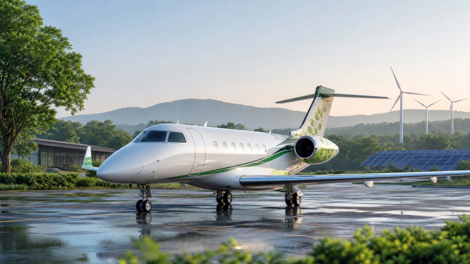 Jet d'affaires sur un aérodrome entouré de verdure