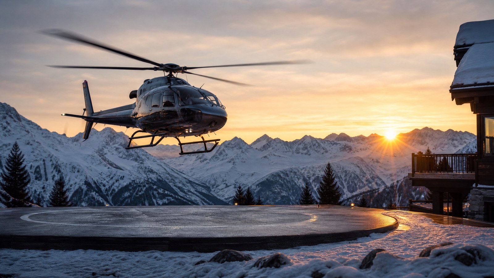 Hélicoptère privé en approche d'une station de montagne