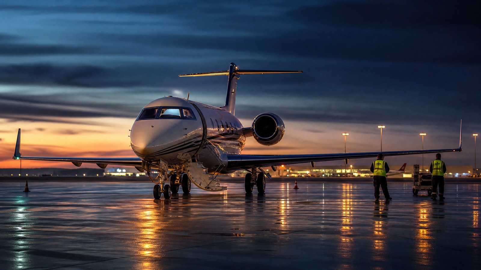 Jet privé sur le tarmac à la tombée de la nuit